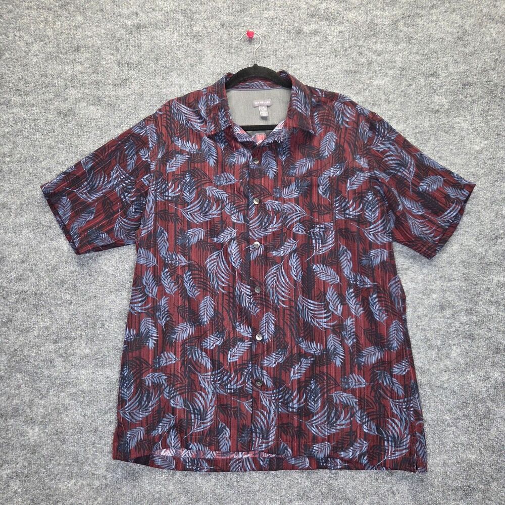 Van Heusen Shirt Mens Large Red Hawaiian Leaf Print Short Sleeve Button Up